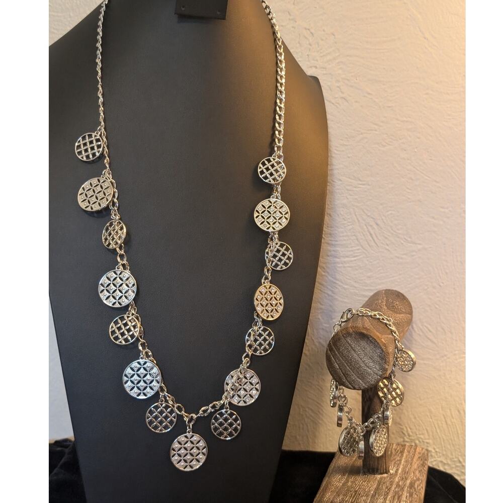 Charter Club Silver Tone Rhinestone Disk Charm Necklace & Matching Bracelet